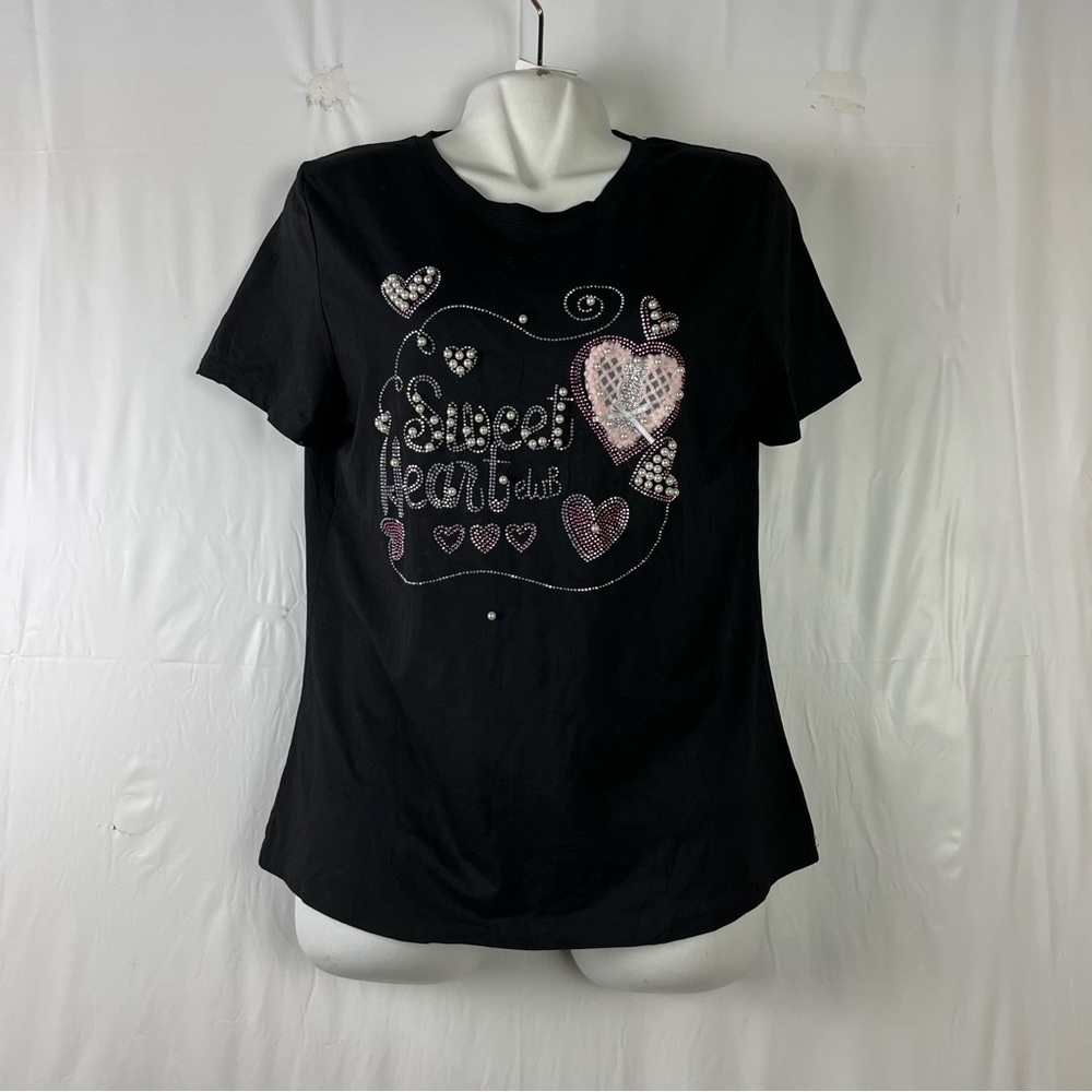 Women's Rhinestone Fitted short sleeve stretch black blouse size large - Picture 4 of 11